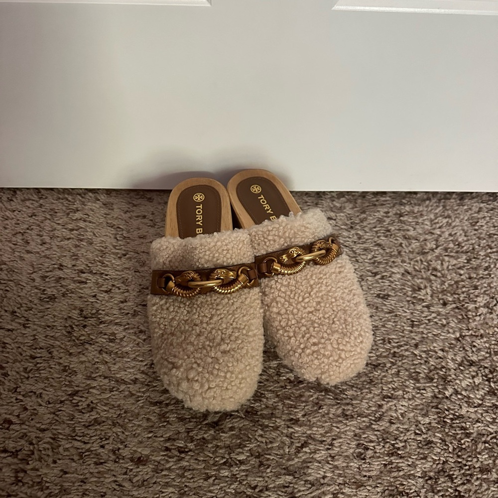 Tory Burch Cream Fur Jess’s Embellished Wooden Clogs
